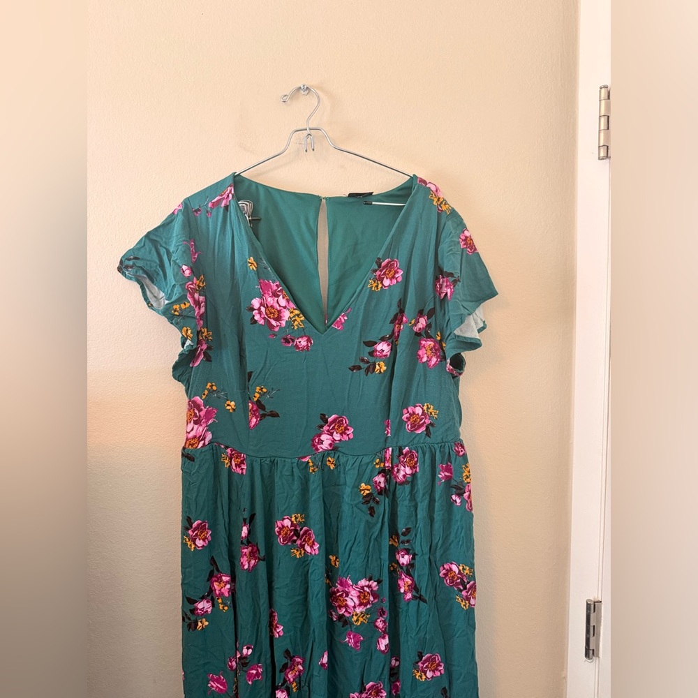 torrid Teal Midi Dress with Pink & Yellow Floral Print